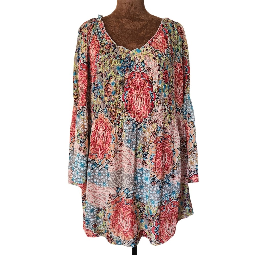 SPENSE Blouse Size 2X Plus Colorful Pleated Boho Peasant Top Lightweight Women's